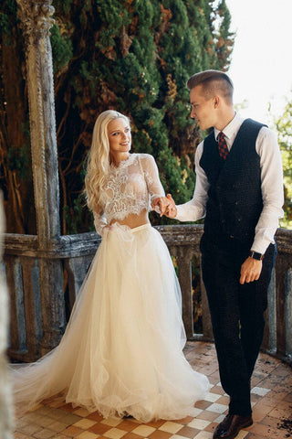 Two Piece A-line Long Lace Tulle Wedding Dress with Sleeves