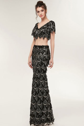 Two-piece Mermaid V-neck Short Sleeves Long Sequined Black Prom Dresses