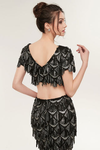 Two-piece Mermaid V-neck Short Sleeves Long Sequined Black Prom Dresses