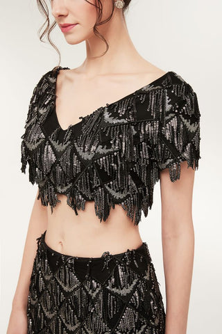 Two-piece Mermaid V-neck Short Sleeves Long Sequined Black Prom Dresses