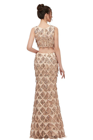 Two-piece Sleeveless Mermaid Floor Length Sequined Champagne Prom Dresses