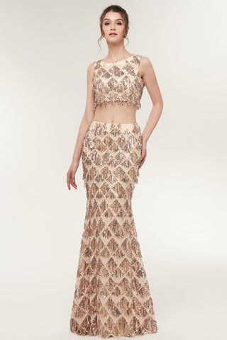 Two-piece Sleeveless Mermaid Floor Length Sequined Champagne Prom Dresses