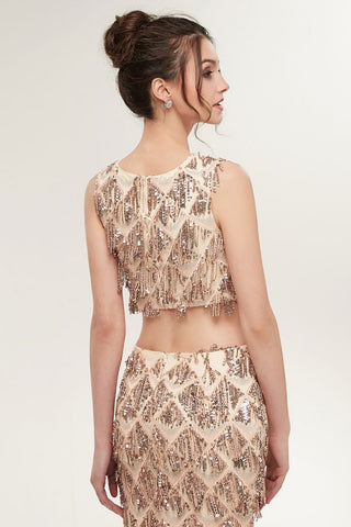 Two-piece Sleeveless Mermaid Floor Length Sequined Champagne Prom Dresses