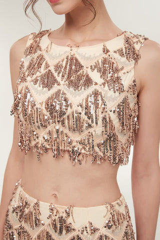 Two-piece Sleeveless Mermaid Floor Length Sequined Champagne Prom Dresses