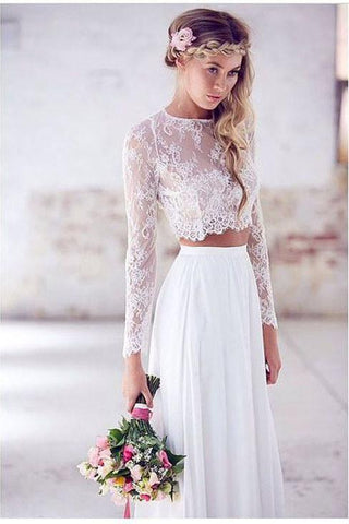 Two Pieces Long Sleeves Lace White Beach Wedding Bridal Dresses  WD383