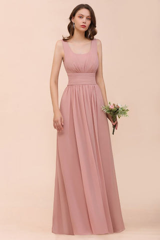 U-Neck High Waist Bridesmaid Dress Long Chiffon Formal Party Dress