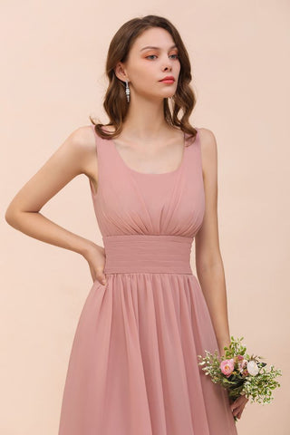 U-Neck High Waist Bridesmaid Dress Long Chiffon Formal Party Dress