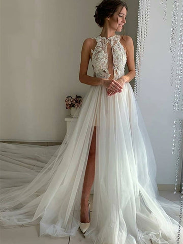 Unique A-line High Neck Lace Tulle Long Wedding Dresses with Slit