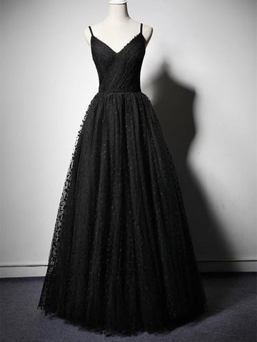 Unique A-line V Neck Long Prom Dresses Black Formal Evening Gowns