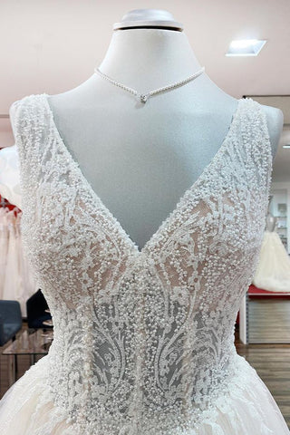 Unique Ivory Long Princess V-neck Tulle Lace Wedding Dress