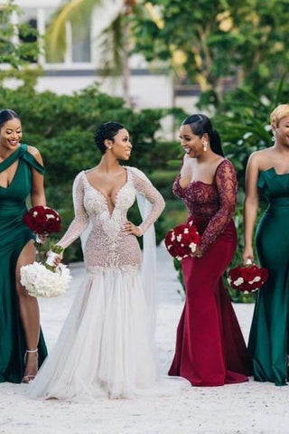 Unique Off-the-shoulder Strapless Emerald Green Elastic Satin Long Bridesmaid Dress