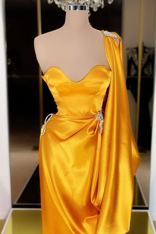 Unique Yellow Gold Long Evening Prom Dress With  Ruffles One Shoulder