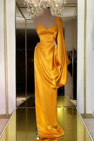 Unique Yellow Gold Long Evening Prom Dress With  Ruffles One Shoulder