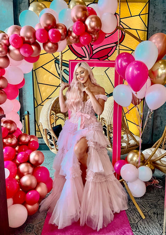 A Line Off the Shoulder Light Pink Long Prom Dress with Ruffles