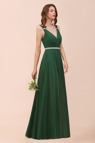 V-Neck A-line Dark Green Bridesmaid Dress Rhinestone Waist Belt