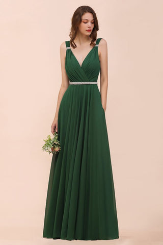 V-Neck A-line Dark Green Bridesmaid Dress Rhinestone Waist Belt