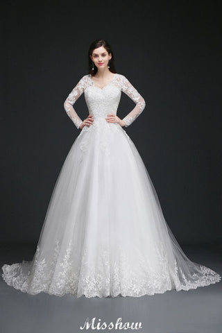 V-Neck Ball Gown Lace Tulle Wedding Dresses
