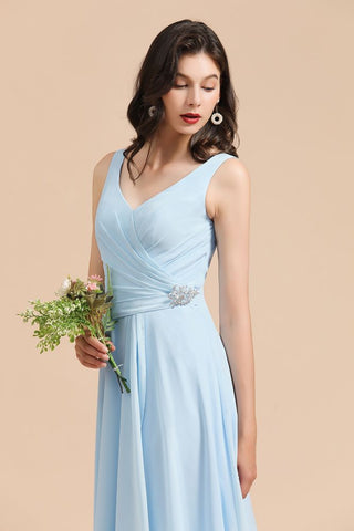 V-Neck Chiffon Aline Bridesmaid Dress Sleeveless Floor Length Simple Wedding Dress