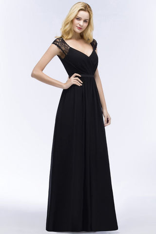 V-neck Floor Length A-line Lace Chiffon Bridesmaid Dresses with Sash