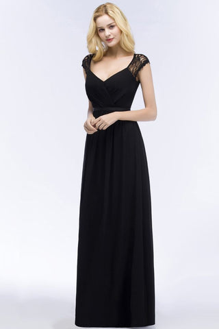 V-neck Floor Length A-line Lace Chiffon Bridesmaid Dresses with Sash