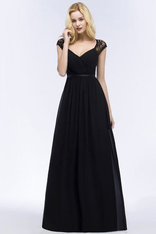 V-neck Floor Length A-line Lace Chiffon Bridesmaid Dresses with Sash