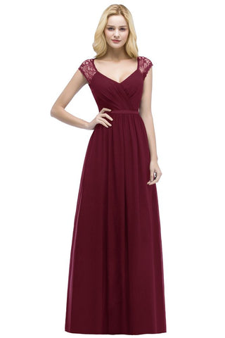 V-neck Floor Length A-line Lace Chiffon Bridesmaid Dresses with Sash