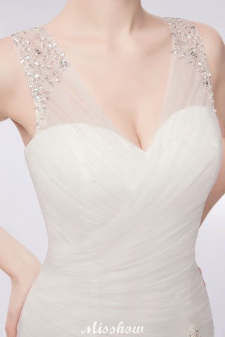 V-neck Floor Length Mermaid Crystals Tulle Wedding Dresses