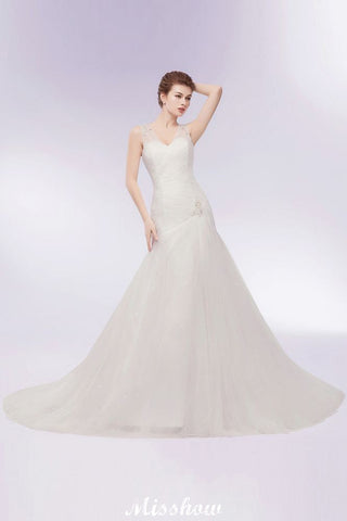 V-neck Floor Length Mermaid Crystals Tulle Wedding Dresses