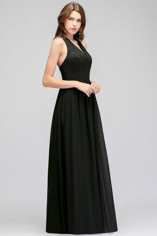V-neck Floor Length Sleeveless Lace Top Black Bridesmaid Dress