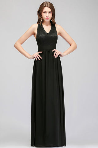 V-neck Floor Length Sleeveless Lace Top Black Bridesmaid Dress