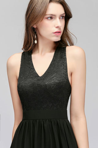 V-neck Floor Length Sleeveless Lace Top Black Bridesmaid Dress