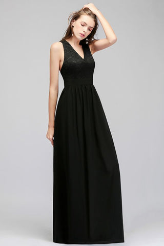 V-neck Floor Length Sleeveless Lace Top Black Bridesmaid Dress