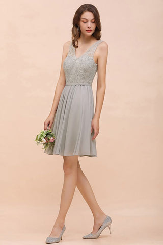 V-Neck Floral Lace Mini Homecoking Dress Grey Simple Chiffon Bridesmaid Dress Party Dress