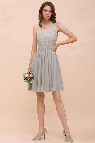 V-Neck Floral Lace Mini Homecoking Dress Grey Simple Chiffon Bridesmaid Dress Party Dress