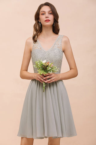 V-Neck Floral Lace Mini Homecoking Dress Grey Simple Chiffon Bridesmaid Dress Party Dress