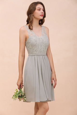 V-Neck Floral Lace Mini Homecoking Dress Grey Simple Chiffon Bridesmaid Dress Party Dress