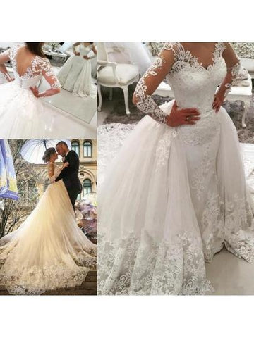 V-Neck Long Sleeves Appliques Watteau Train Wedding Dress  WD167