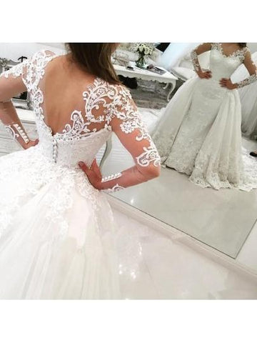 V-Neck Long Sleeves Appliques Watteau Train Wedding Dress  WD167