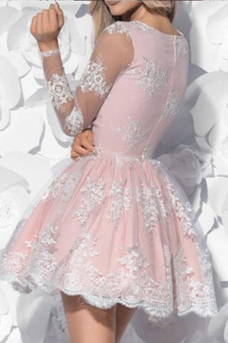 Robe de bal courte rose en tulle à manches longues et col en V avec appliques PG160