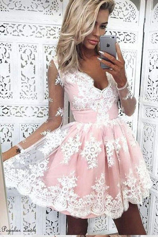 Robe de bal courte rose en tulle à manches longues et col en V avec appliques PG160
