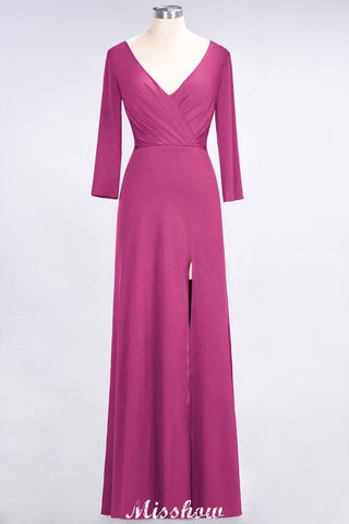 V-Neck Long-Sleeves Side-Slit Floor-Length Bridesmaid Dress with Ruffles