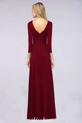V-Neck Long-Sleeves Side-Slit Floor-Length Bridesmaid Dress with Ruffles