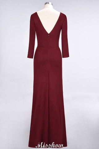 V-Neck Long-Sleeves Side-Slit Floor-Length Bridesmaid Dress with Ruffles