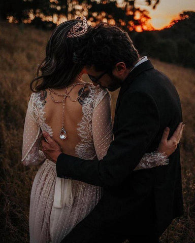 V-Neck Polka Dot Lace Open Back Long Sleeve  Boho Bridal Gown WD433