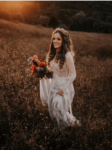 V-Neck Polka Dot Lace Open Back Long Sleeve  Boho Bridal Gown WD433