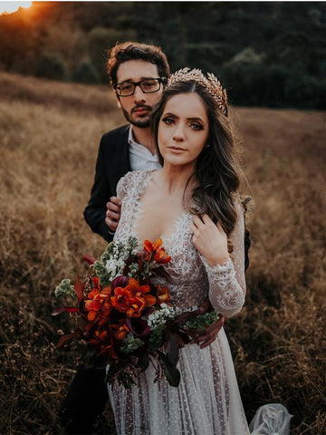 V-Neck Polka Dot Lace Open Back Long Sleeve  Boho Bridal Gown WD433