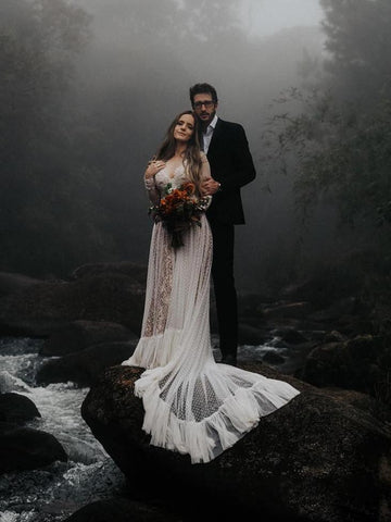 V-Neck Polka Dot Lace Open Back Long Sleeve  Boho Bridal Gown WD433