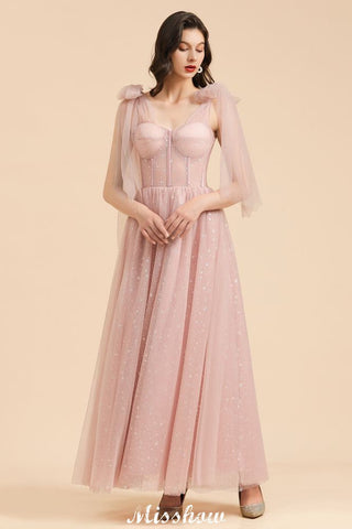 V-Neck Ruffle Chffion Sleeves Aline Bridesmaid Dress Dusty Pink Wedding party Dress