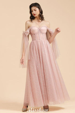 V-Neck Ruffle Chffion Sleeves Aline Bridesmaid Dress Dusty Pink Wedding party Dress