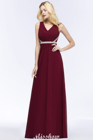 V-neck Ruffled Floor-Length Beading Bridesmaid Dresses A-line Chiffon with Sash